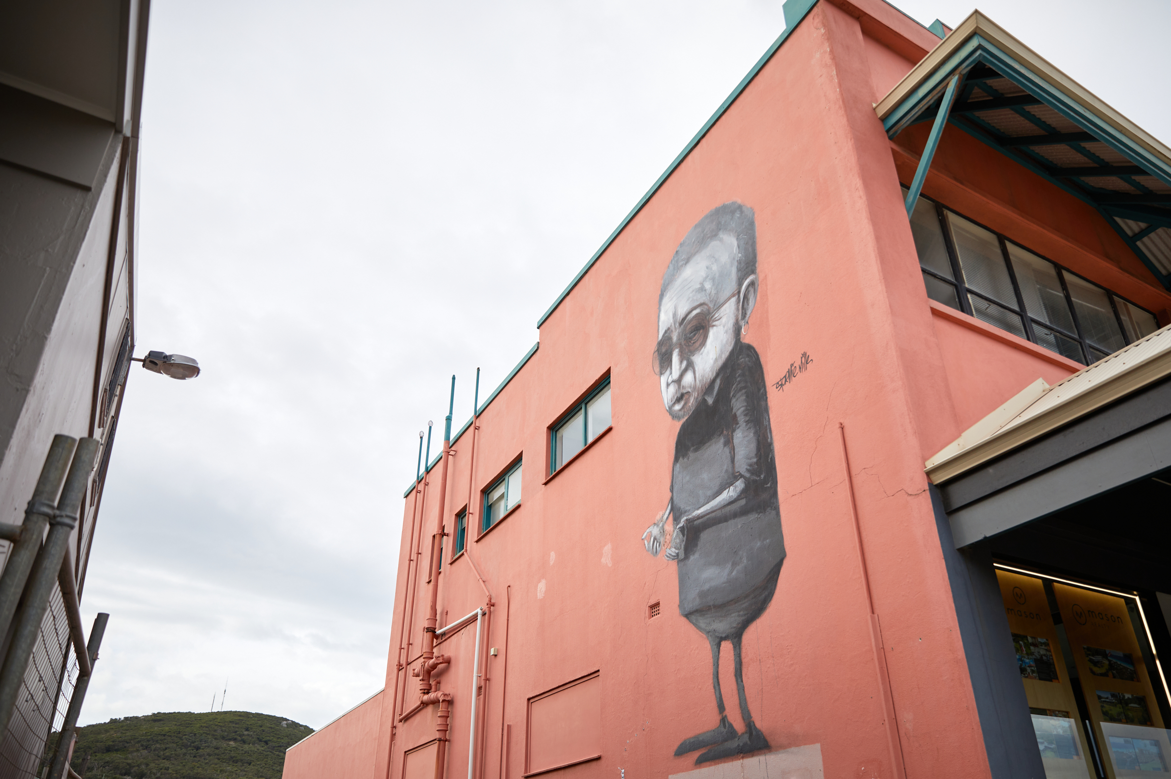 A large mural by Stormie Mills depicting a stylized, hunched figure in black clothing painted on a pink building exterior, showcasing Albany Arts.