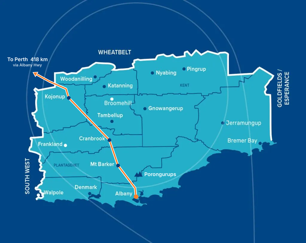 Map of the Great Southern region of Western Australia, showing Albany on the south coast, the road from Perth via Albany Highway, and towns including Mt Barker, Denmark, Walpole, Porongurups, Katanning and Jerramungup